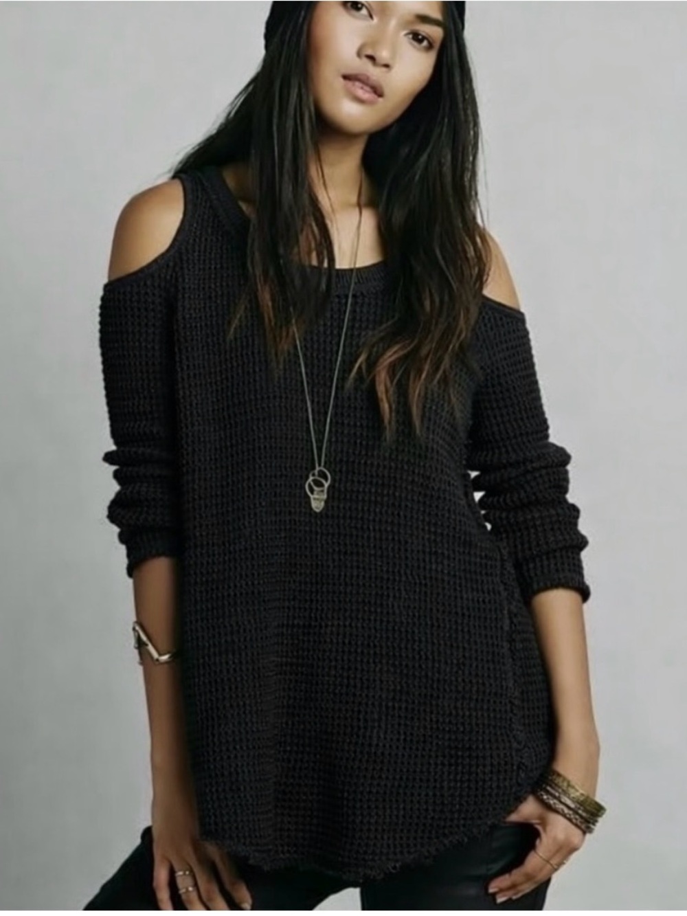 Free People Black Off-the-Shoulder Waffle Knit Sweater
